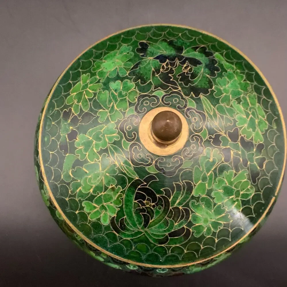 Chinese Cloisonne Bowl w/ Lid Enamel Over Brass Green Champleve Floral Leaf - Picture 5 of 16